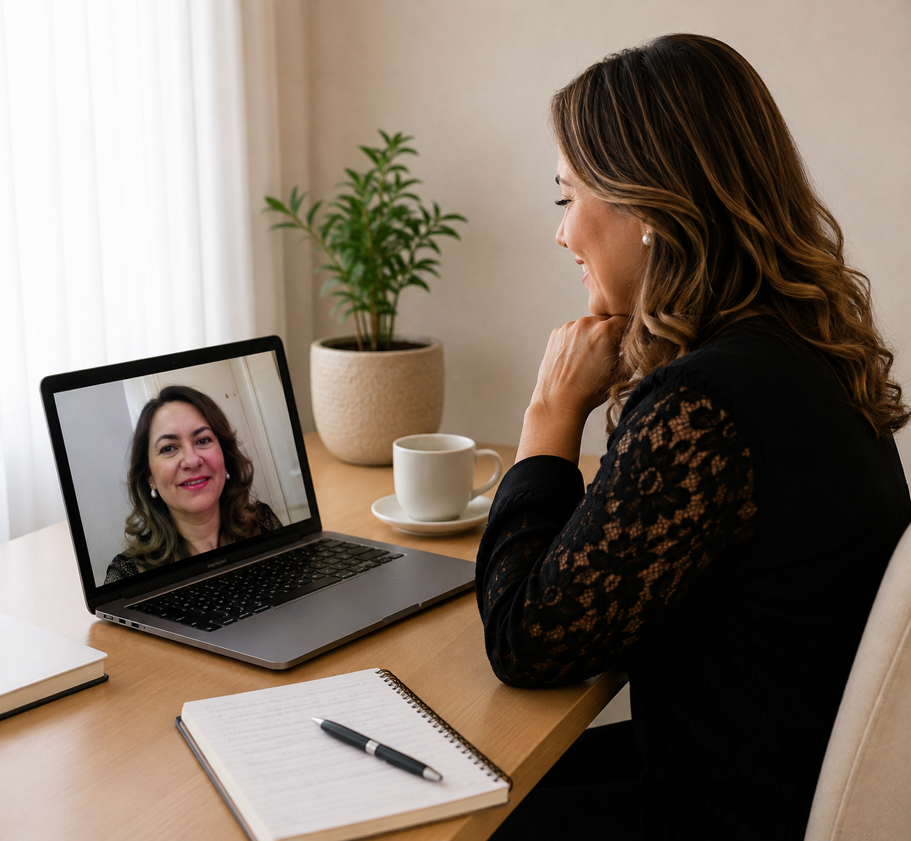 Pessoa participando de uma sessão de psicoterapia online por videochamada no notebook